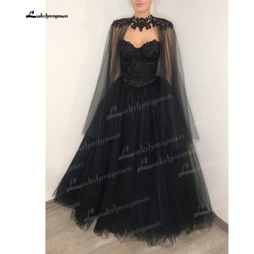 Black Wedding Dresses with Cape Lace Appliques Beaded Sweetheart Lace Up Back Princess Bridal Gowns Bride Dress Vestido De Noiva