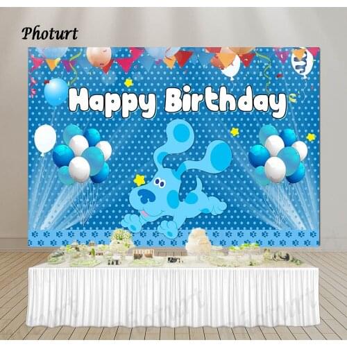 PHOTURT Cartoon Blue Dog Photography Backdrop Kids Birthday Party Background Balloon Dots Vinyl Polyester Photo Studios Props