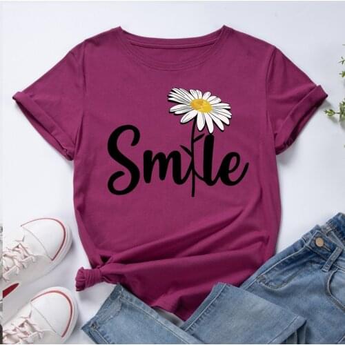 T-shirt Women Summer Short Sleeve Flower Letter Print Female Graphic Fashion Clothes Ladies Regular Daily Loose O-Neck Tees Tops