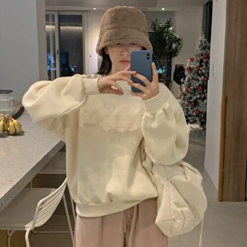 Korean Letters Embroidery Hoodies Sweatshirts O-Neck Casual Vintage Pullovers Long Sleeve Streetwear Boyfriend Outwear 2021 Z129