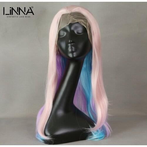 LINNA Long Wavy Synthetic Lace Front Wigs For Women Colorful Pink Loli Soft Hair Cosplay Wig High Temperature Fiber Wigs