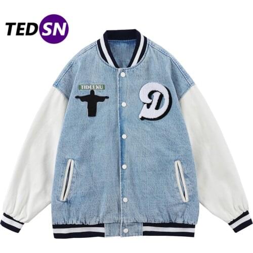2021SS Denim Jacket Men God Figure Patchwork Color Baseball Jacket Couple Baggy High Street Fashion College Style Coat Autumn
