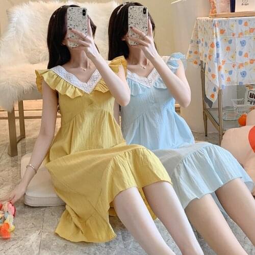 2021 New Summer 100% Cotton Sexy Sleeveless V-neck Nightgowns for Women Loose Sleepwear Nightdress Home Dress Night Dress Nighty