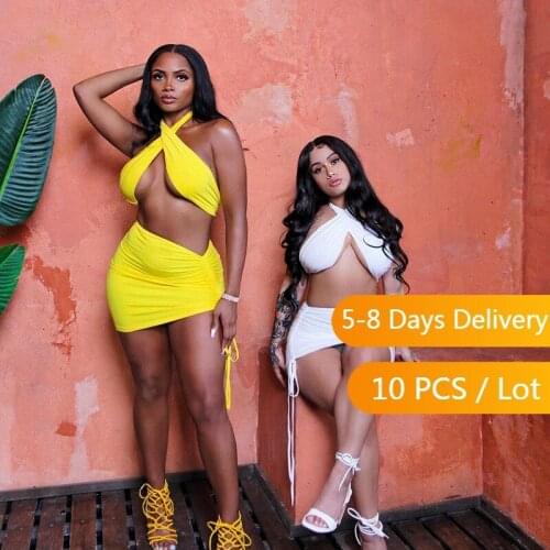 Wholesale Items Halter Bandage Crop Top Drawstring Skirt Set Summer Two Piece Dress Set Sexy Club Outfits for Women Suit Set