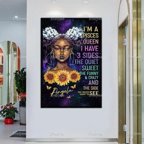 Personalized Black Pisces Queen Wall Art, I Have 3 Sides Poster, Pisces Girl Canvas, March Afro Queen Home Decor Prints Gift