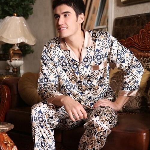 Mens Long Sleeve Silk Homewear Male Spring Summer Long Sleeves Pyjamas Lapel Handsome Luxurious Silk Nightwear 2pcs D-2183