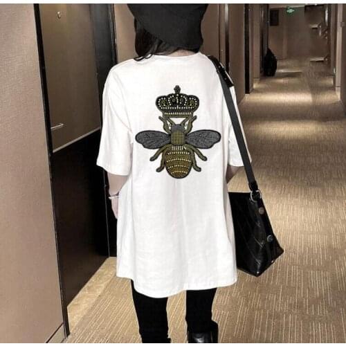 Hot designer Women T-Shirt Diamonds fashion women T Shirt black O-neck Tees cotton plus size Tops tee