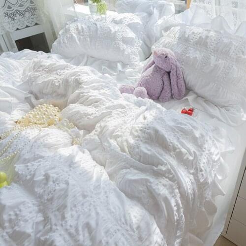 Luxury Super Soft Seersucker Fabric Princess Ruffle Bedding Set Queen King Size Quilt Duvet Cover And Pillowcases Double Bed Set