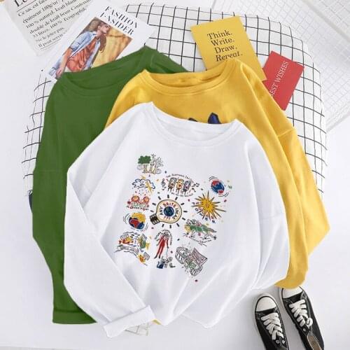 Women funny cartoon Print t shirt harajuku oversized long Sleeve T-shirts Casual cute Girls tshirt Summer white Tees top
