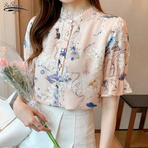 Lace Embroidery Floral Blouse Women Summer 2021 Short Sleeve Chiffon Shirt Korean Women Stand Collar Elegant Blouses Tops 15212