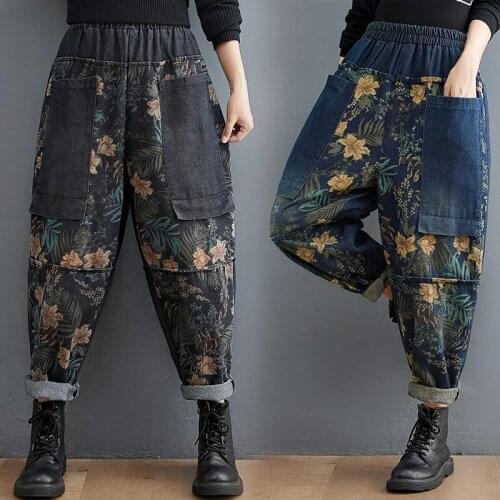 Retro Printed Jeans Womens Autumn And Winter Loose Plus Size Female Casual All-Match Trousers High Waist Harlan Pants M653