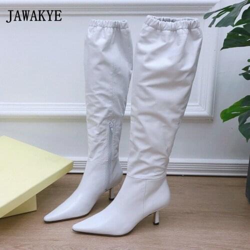 White Pointy Women Knee High Boots Kitten Heel Pleated Opening Runway Dress Long Boots Solid Slip-on Leisure Booties Woman