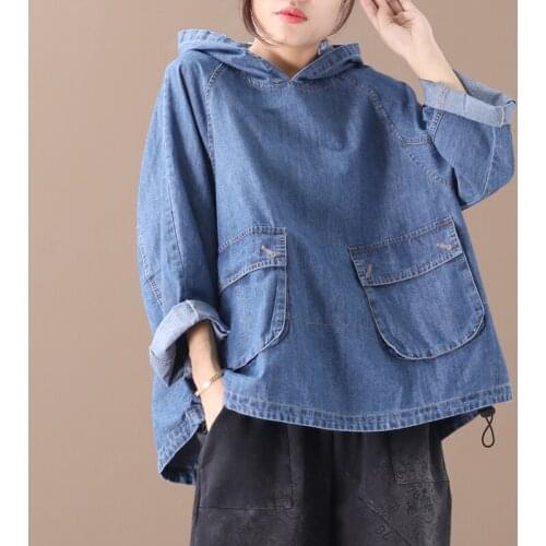 Women Denim Sweatshirts Hooded Pullover Hoodies 2021 Autumn Harajuku Blue Long Sleeve Pockets Loose Female Jeans Tops Sudaderas