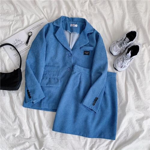 Bella new Women Set Corduroy Simple Fashion Loose Blazer+ Female High Waist Mini Skirts Suits Ins Chic Elegant Retro Casual Soft