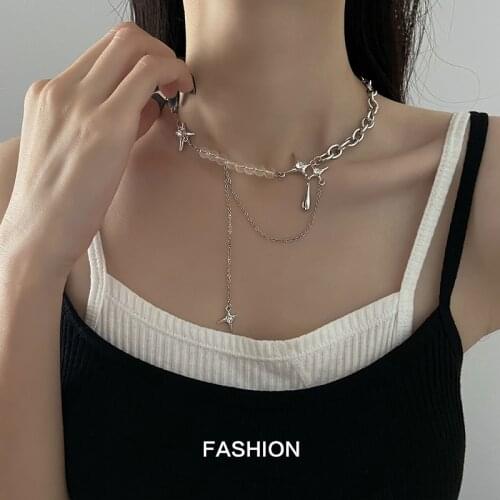 Flashbuy Punk Gothic Shiny Star Pendant Choker Necklaces for Women Acrylic Beads Silver Color Tassel Chain Necklace Jewelry