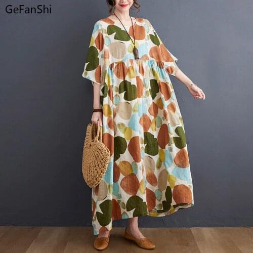 Fashion 2021 New Summer Women Dress Vintage Print Cotton Linen Dress Casual Loose Half Sleeve O-Neck Elegant Office Lady Dresses