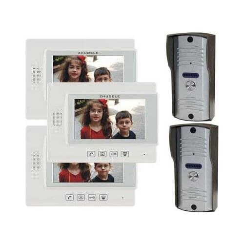 ZHUDELE Home Security Intercom System For 2 Doors,7" Video Door Phone Monitor+700TVL Smart IR Camera w/t Waterproof cover 2V3