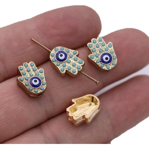 10PCS Gold Color Enamel Evil Eye Crystal Fatima Hand Spacer Beads for Jewelry Making Bracelet Accessories DIY Handmade Craft