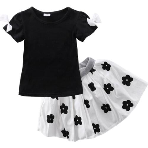 Fashion Sweet Lovely Summer 2PCS Newborn Infant Baby Girl Short Sleeve Pullover Black Bow Shirt Top Floral Print Lace Tutu Skirt