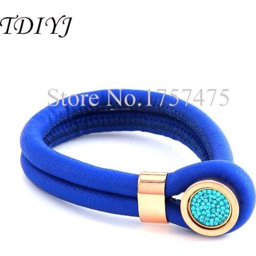 TDIYJ 2pcs European Style Blue Genuine Leather Bracelets with Adjustable Blue Crystal Beads as My Coin Design for Women