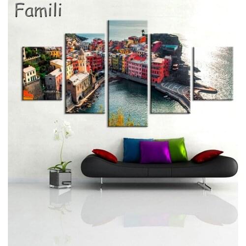 5Pcs Modern Canvas Painting Wall Art Giclee Canvas Prints Stretched Framed Fine Art Artwork For Wall Decor Italy Cityscape Coast