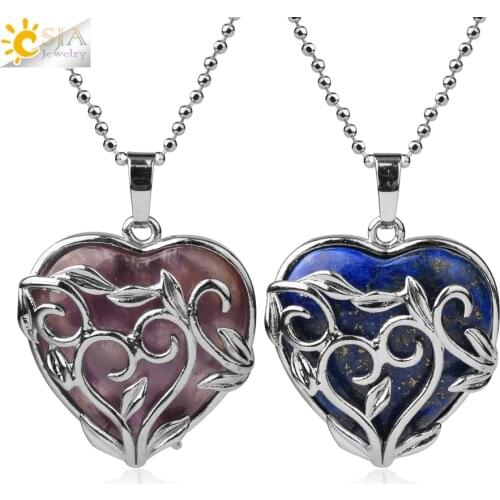 CSJA Natural Stones Heart Pendant Necklace Healing Pink Quartz Purple Crystal Tigers Eye Necklaces Jewelry for Women Girls G781