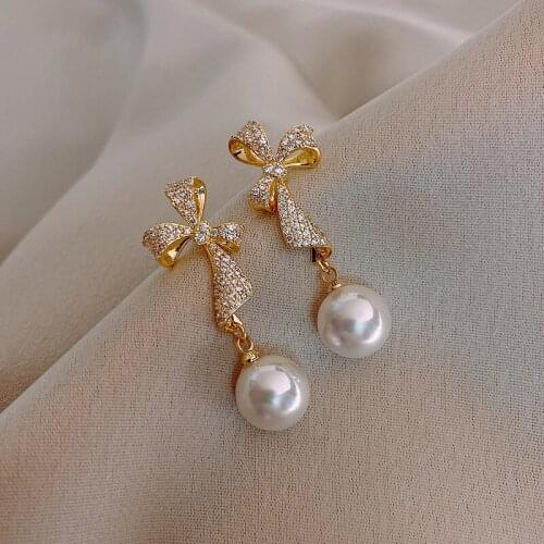 Bow long pearl earrings new fashion personality popular jewelry wholesale