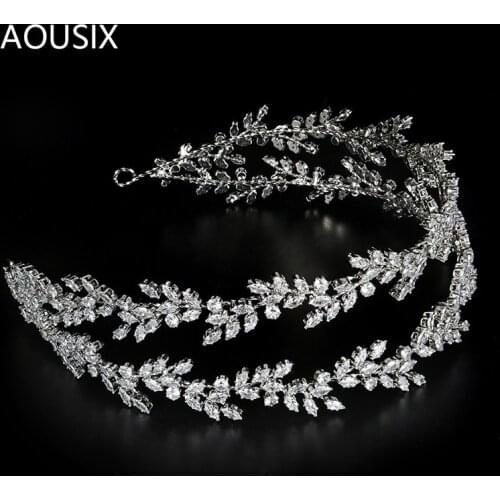 Headbands Double layer Leaves Zirconia Tiara Silver Color Headband Royal Bridal Wedding Dressing Crown Accessory Jewelry