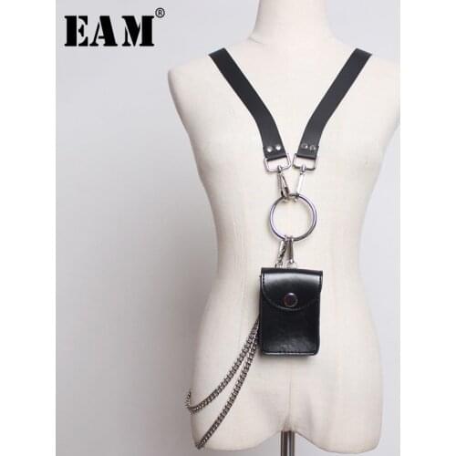 [EAM] Metal Chain Mini-bag Stylish Buckle Pu Leather Belt Personality Women New Fashion Tide All-match Spring 2021 1U234