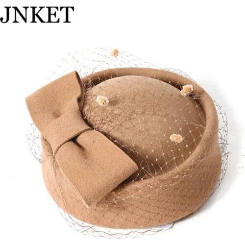 JNKET New Fashion British-style Bowtie Mesh Lace Woollen Hat Womens Top Hat