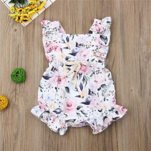 2020 Infant Newborn Baby Girls Clothes Sleeveless Flowers Print Ruffle Romper Jumpsuit One-Piece Outfit Sunsuit Clothes 0-18M