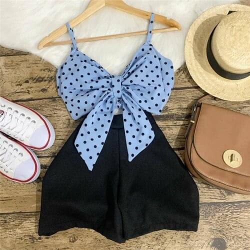 2-7Years Fashion Girls Clothing Sets Polka Dots Print Big Bowknot Crop Tops+Black Shorts 2PCS Children Holiday Casual Outfits