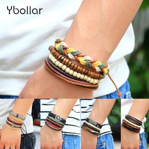 Vintage Multilayer Leather Bracelet For Men Women Fashion Braided Handmade Rope Wrap Wood Beaded Charm Bracelets Bangles Jewelry