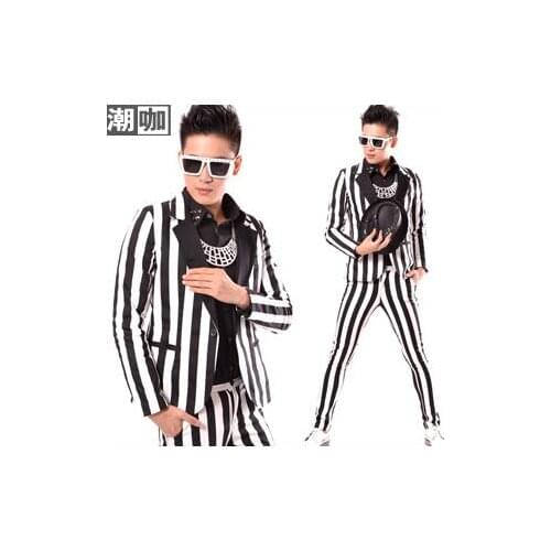 Men suits designs masculino homme terno stage costumes for singers men blazer striped stitching style dress punk rock european