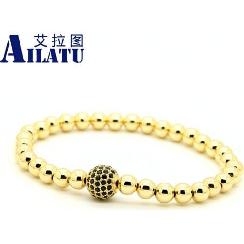 Wholesale 10pcs/lot 6mm Gunmetal Plated Copper Round Beads with 10mm Black Cz Stretch Men Bracelet