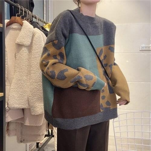 Autumn Winter Leopard Sweater Women Retro Lazy Wind Loose Korean Oversized Sweater Femme Top Fashion Jersey Mujer