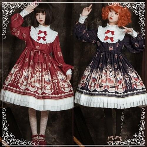 England college style sweet lolita dress retro lace bowknot printing victorian dress kawaii girl gothic lolita op cosplay