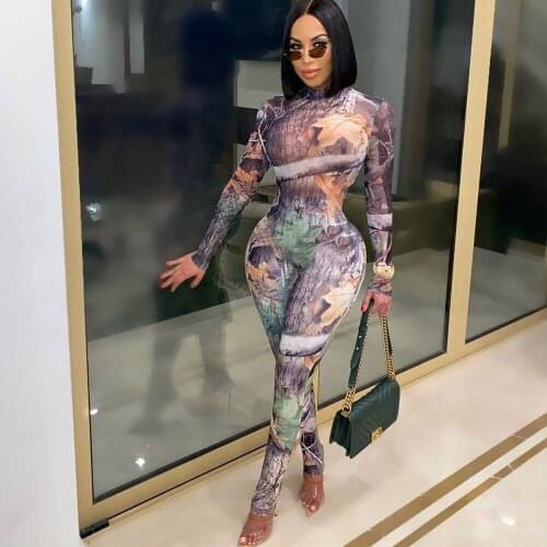 Print Fitness Bodycon Rompers Womens Jumpsuit Long Sleeve Party Club One Piece Jumpsuits Overalls for Women Monos Mujer Elegante