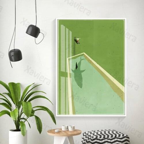 Nordic Abstract Canvas Painting On The Wall Little Girl Diving Green Wall Art Poster Modern Home Decoration Living Room Picture