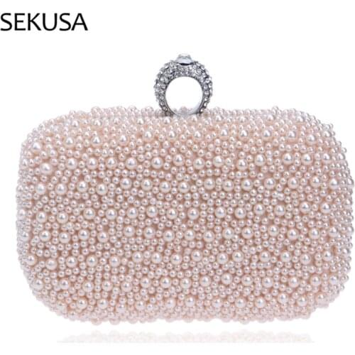Pearls Evening Clutch Bag Luxury Wedding Party Purse Bag for Women Elegant Mini Handbag Lady Banquet Diamonds Chain Shoulder Bag