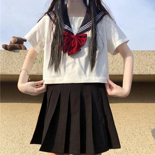 Japanese College Wind JK Uniforms hai jun ling Short-Sleeved Tops + High-Waisted Solid Color Pleated Skirt Suit Female Summer