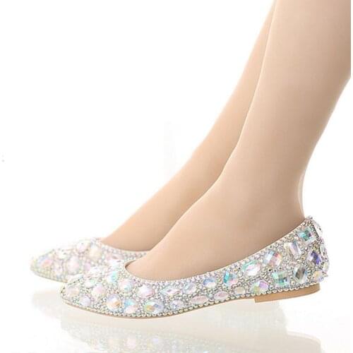 2019 spring new color rhinestone shoes large size crystal wedding shoes bride white diamond flat shoes women