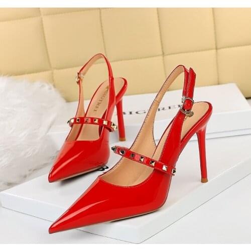 BIGTREE Shoes 2021 New Womens Pumps Red Metal Rivets Chain Decorative Stilettos Pointed Toe Shallow Mouth Back Strap Sandals