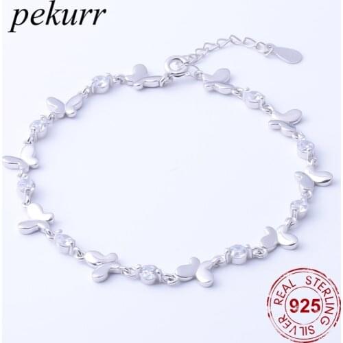 Pekurr 100% 925 Sterling Silver Jewelry 3D Elegant Butterfly Bracelet Fashion Accesories Fashion Charm Chain For Women Gift