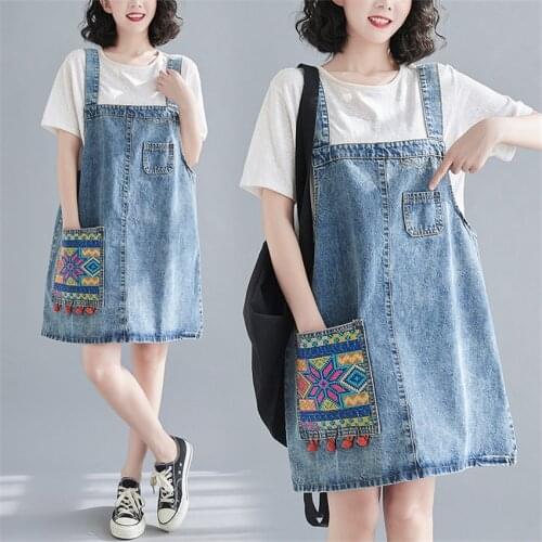 Women Sleeveless Boho Embroidery Vintage Denim Sundress Ladies Fashion Pocket Casual Jeans Dress Vestidos