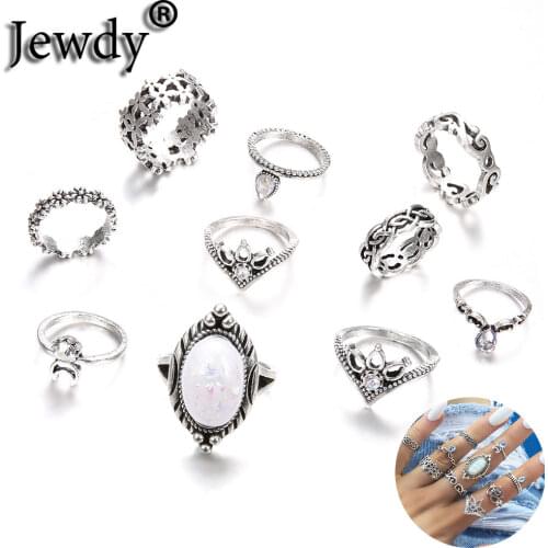 10 Pcs/Set Vintage Lotus Crown Opal Ring Set for Women Crystal Handmade Leaf Heart Sun Crown Rings Ethnic Boho Party Jewelry