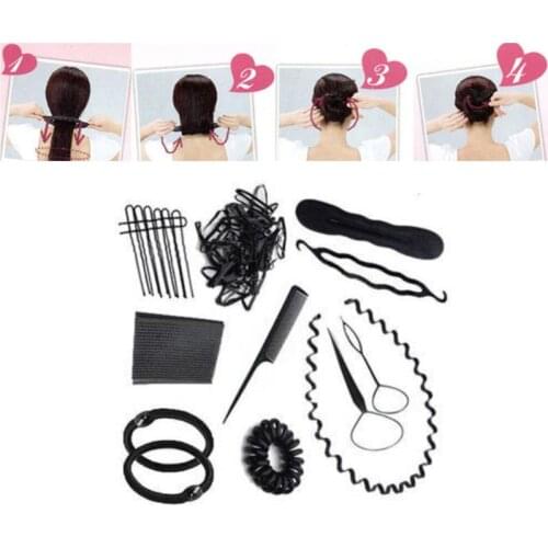 10 In 1 Women Bun Maker DIY Hair Styling Accessories Kit Magic Twister Ties Gum Hairpins Clips Braiding Hairdress Tool Set