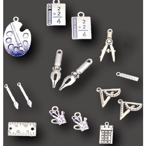 20pcs Mixed Fountain Pen Book Ruler Drawing Board Pen Holder Calculator Pendant DIY Charm School Supplies Jewelry Crafts Making