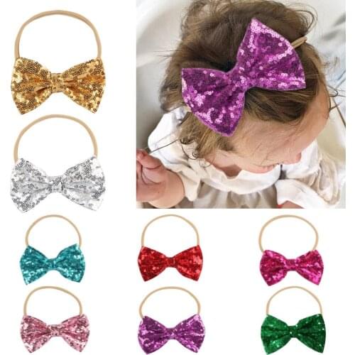 5pcs/lot Infantile Girls Big Sequin Bow Headbands For Kids 2018 Solid Elastic Hair Band Large Gold Glitter Hair Bow Hair