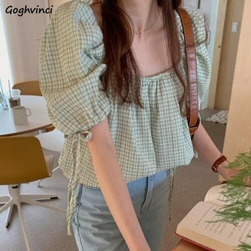 Blouse Women Lovely Puff Sleeve Summer Plaid French Style Elegant Square Collar Lace-up Fashion Leisure Baggy Female Comfort Top